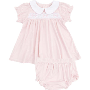 Solid Classic Pink Smocked Peterpan Collar Dress And Ruffle Leg Bloomer