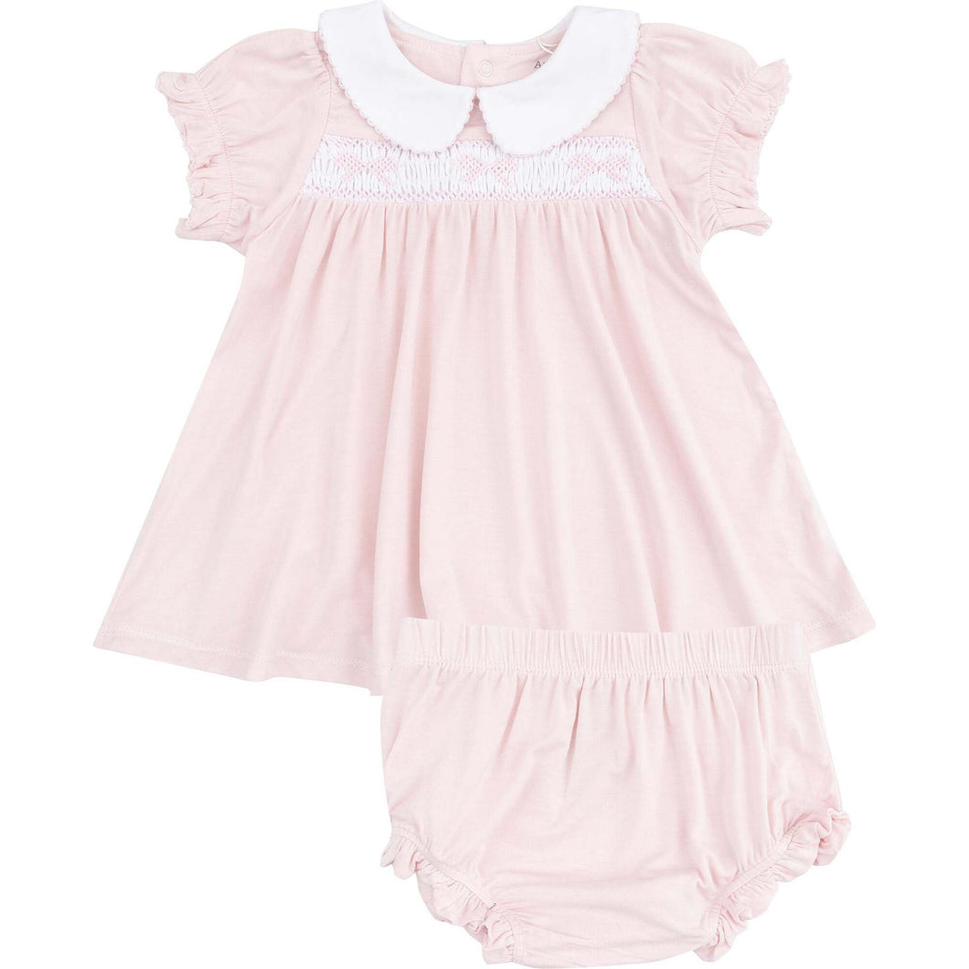 Solid Classic Pink Smocked Peterpan Collar Dress And Ruffle Leg Bloomer