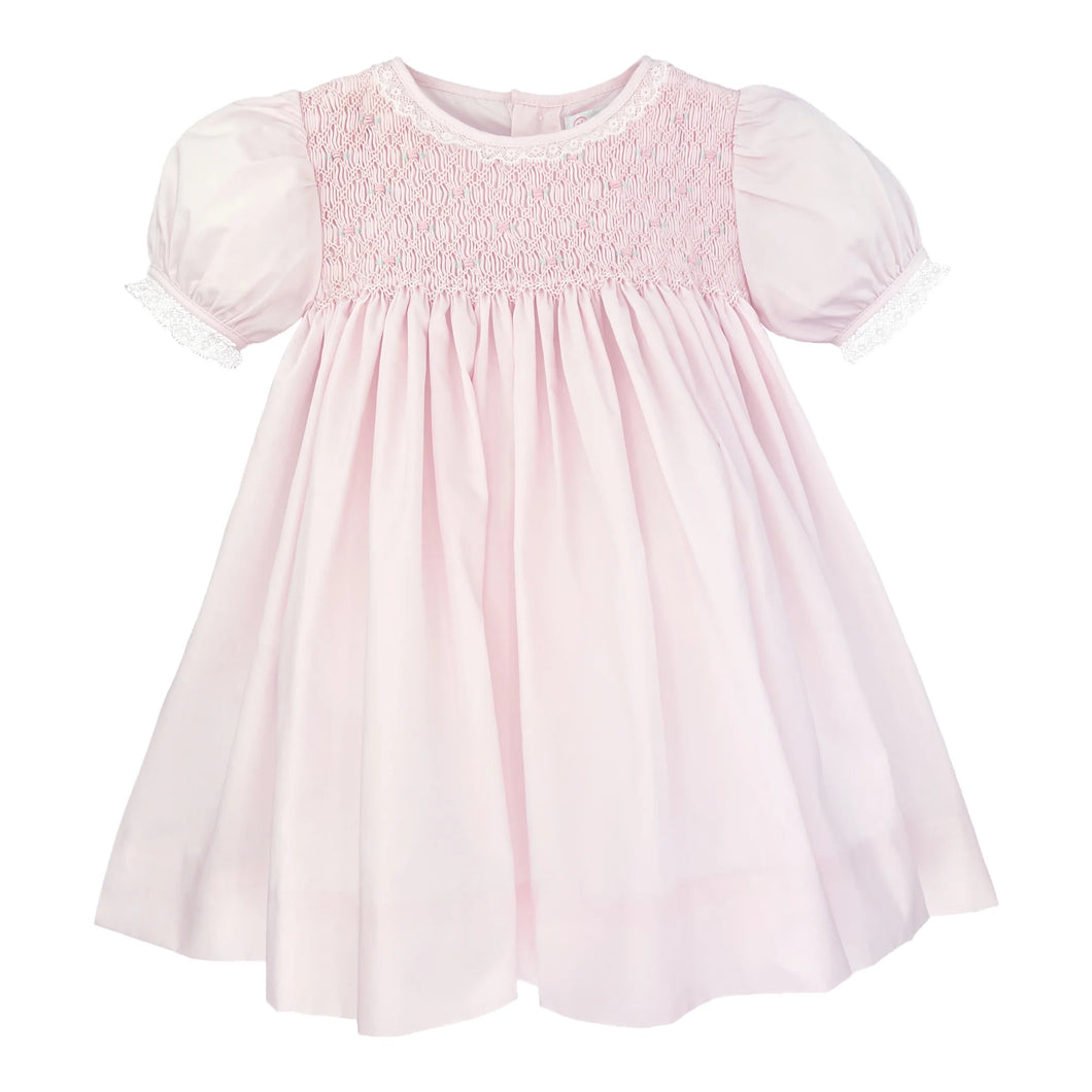 Petit Ami Fully Smocked Dress with French Lace in Pink #5150