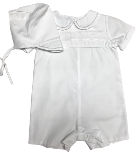 Petit Ami White Poplin Romper with Pintucks #5537