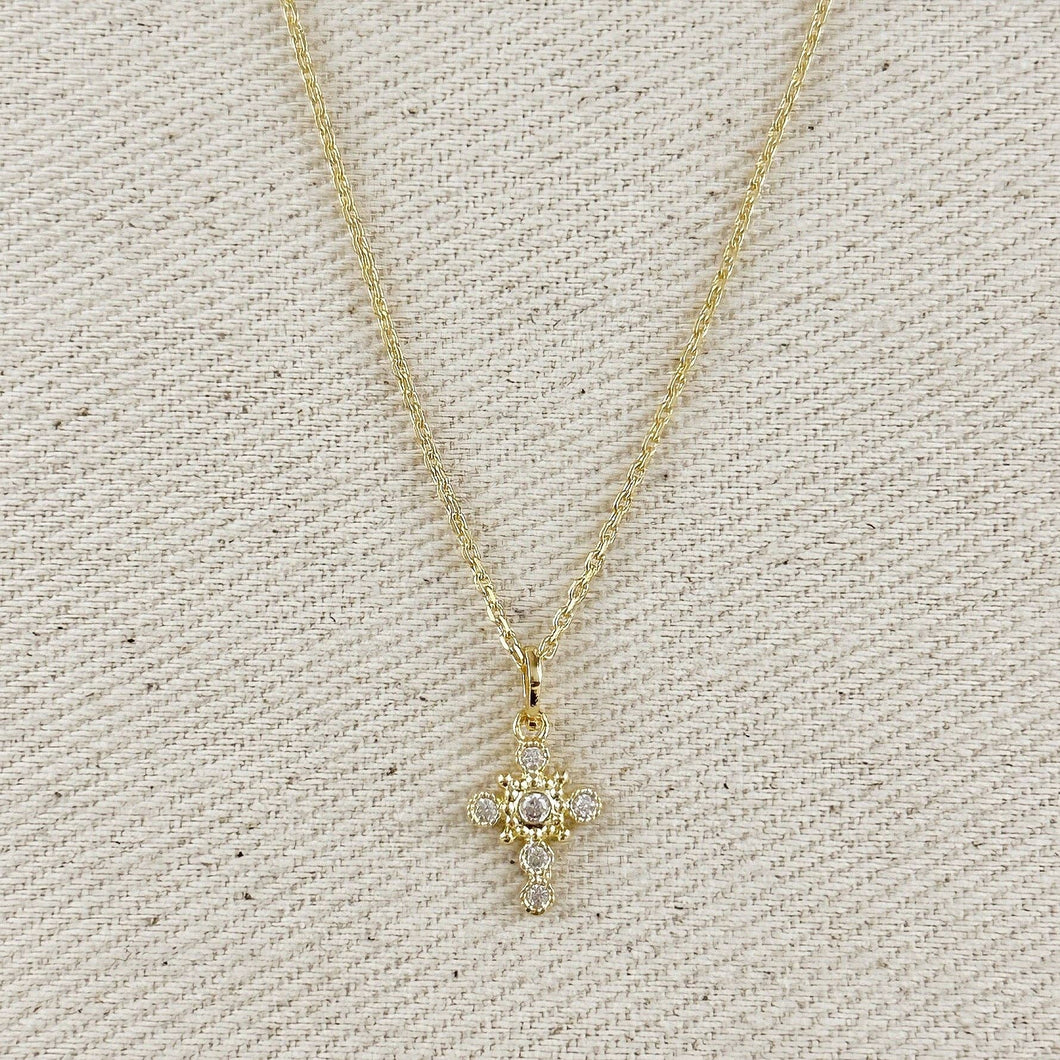 18k Gold Filled Bezel Cross CZ Necklace