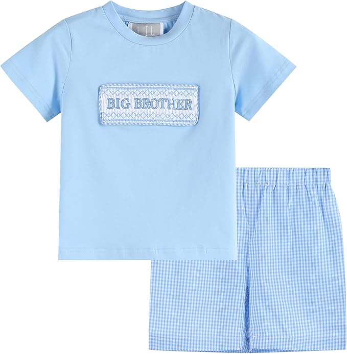 Lil Cactus Boys and Toddlers Light Blue Big Brother Smocked Shirt and Shorts Set