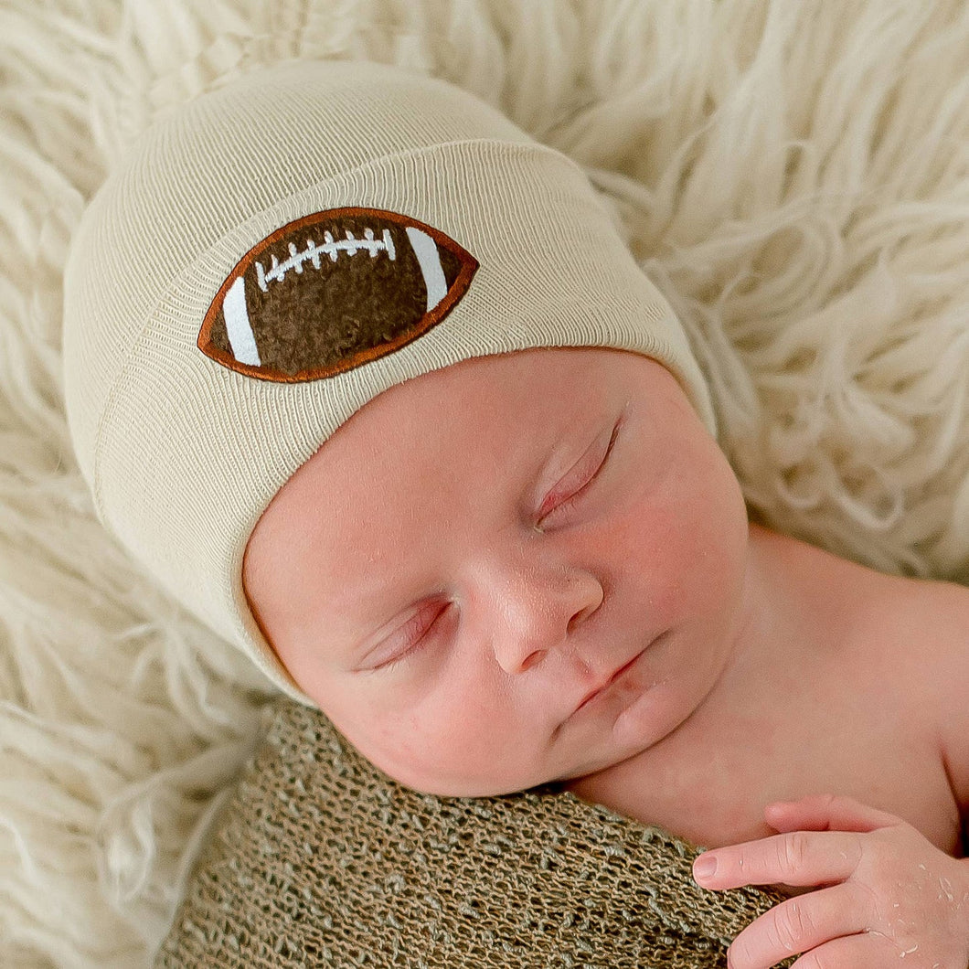 Chenille Football Patch Oatmeal Newborn Hat