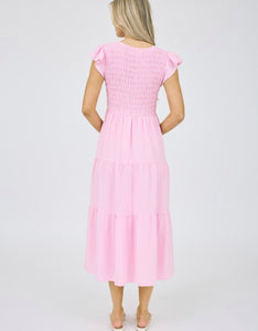 Pia Pink V Neck Flutter Midi