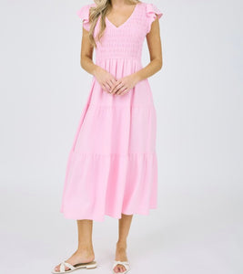 Pia Pink V Neck Flutter Midi