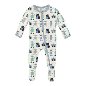 Natural Robots Print Footie with 2 Way Zipper