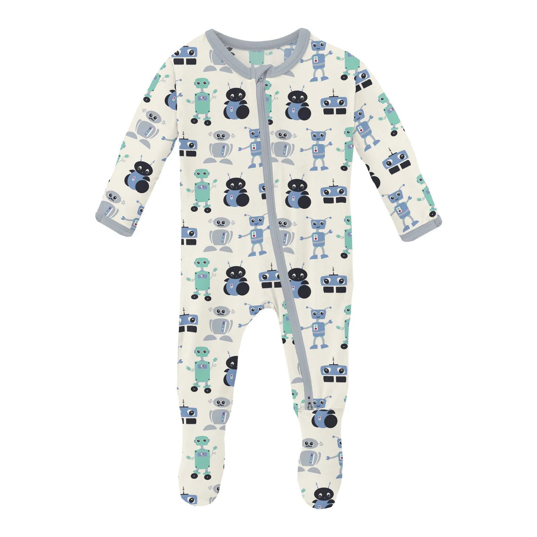 Natural Robots Print Footie with 2 Way Zipper