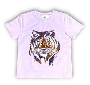 Belle Cher Lavender Tiger Face Sequin Kids Shirt