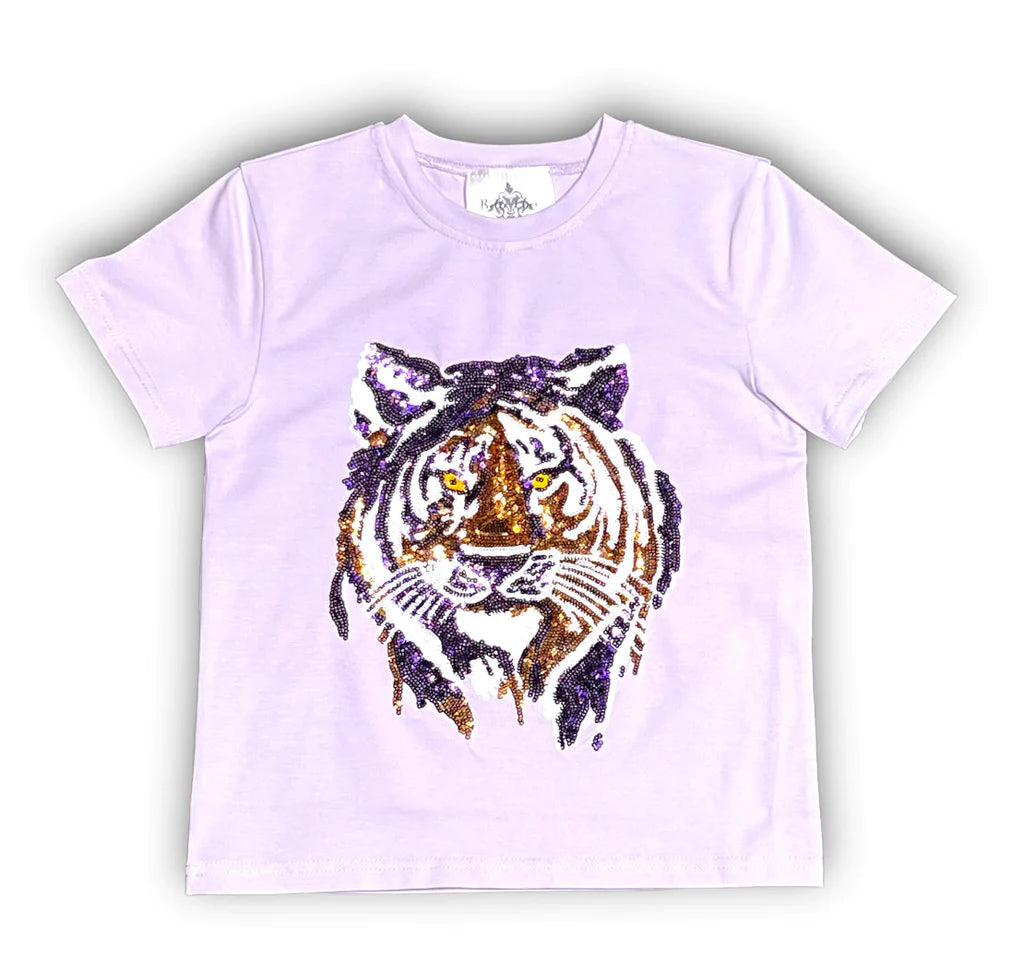 Belle Cher Lavender Tiger Face Sequin Kids Shirt