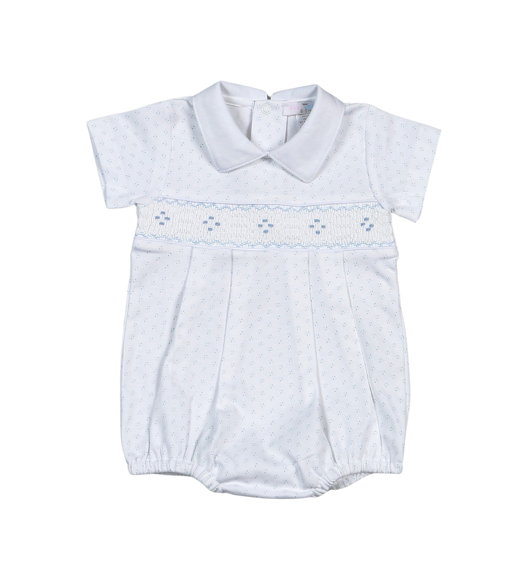 Tim Blue Dots Hand Smocked Pima Short Sleeves Bubble