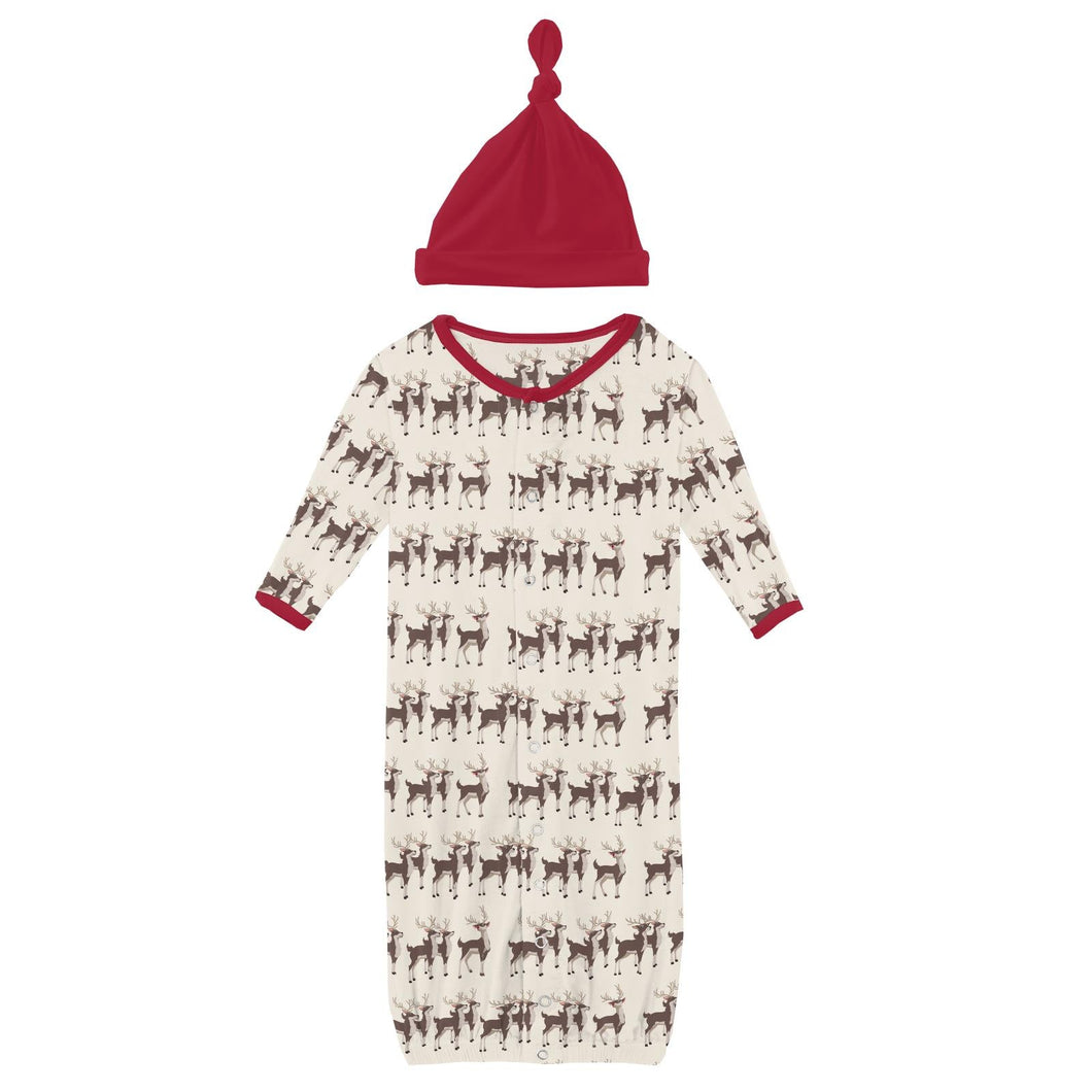 Print Layette Gown Converter & Single Knot Hat Set in Natural Rudolph