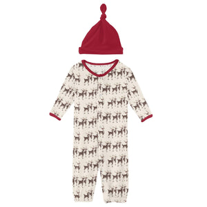 Print Layette Gown Converter & Single Knot Hat Set in Natural Rudolph