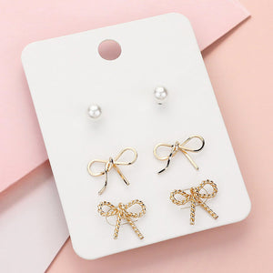 Metal Bow & Pearl Earrings Set