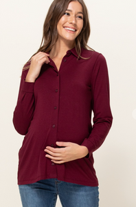 Burgundy Long Sleeved Maternity Blouse