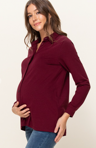 Burgundy Long Sleeved Maternity Blouse