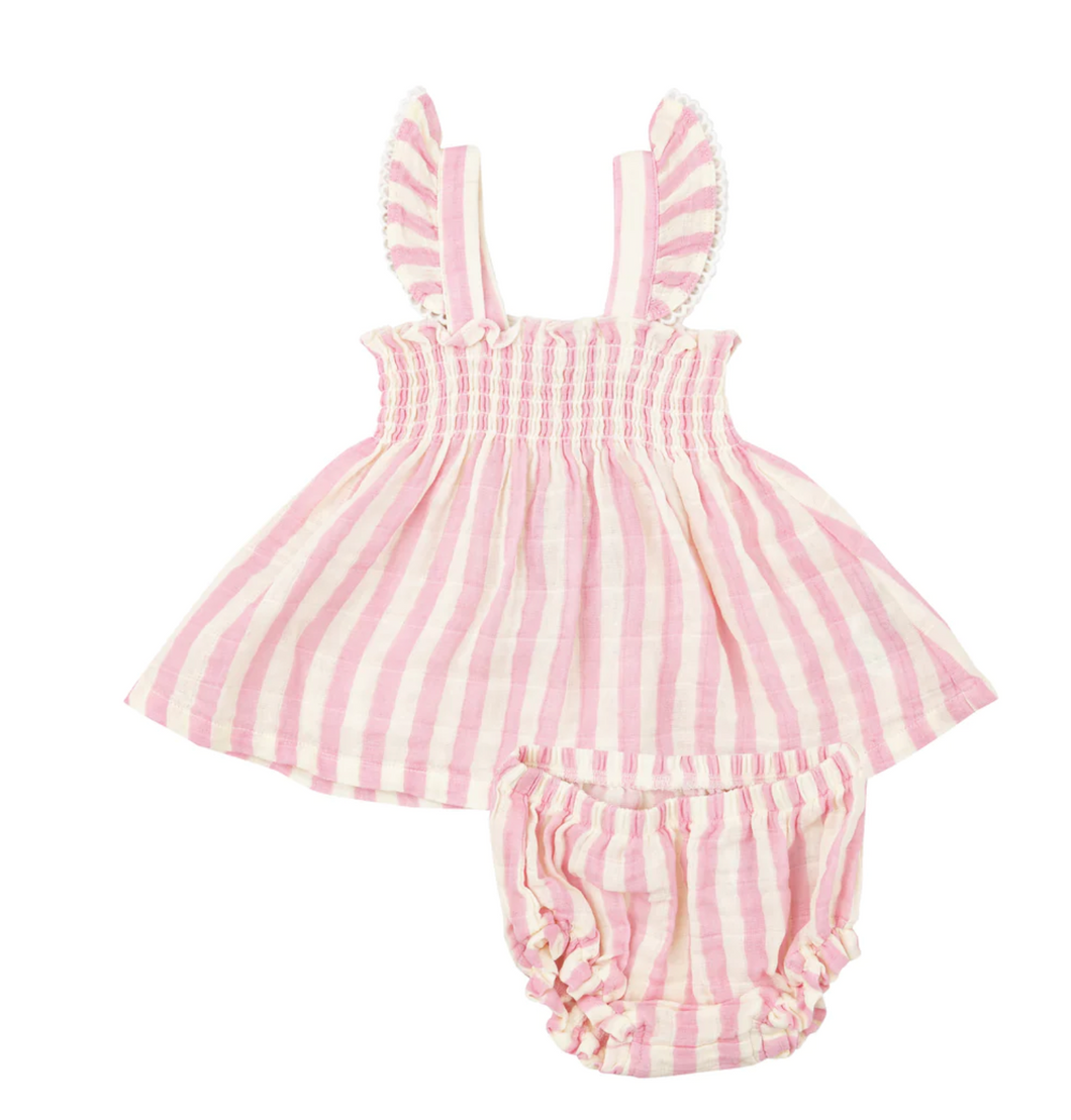 Pink Stripe Ruffle Strap Smocked Top And Diaper Cover