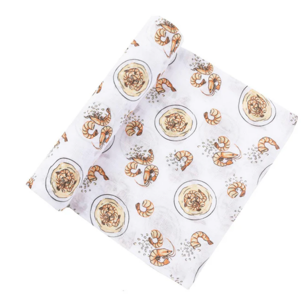 Shrimp and Grits Baby Muslin Swaddle Receiving Blanket