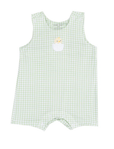 Mini Gingham Green Sleeveless Shortie Romper with Baby Chick Applique