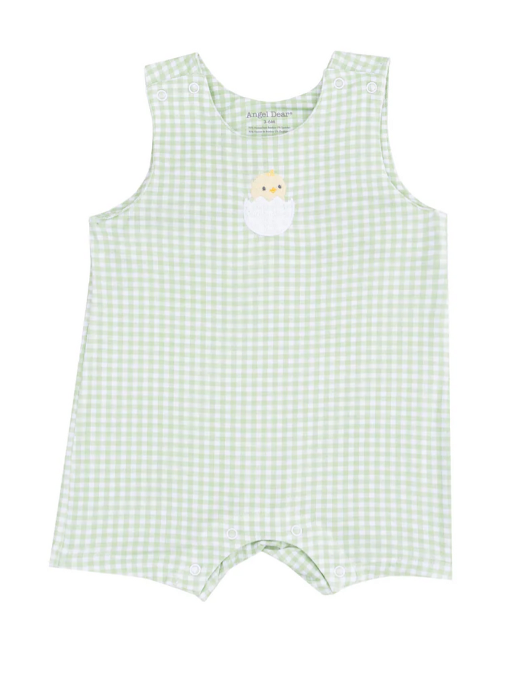 Mini Gingham Green Sleeveless Shortie Romper with Baby Chick Applique