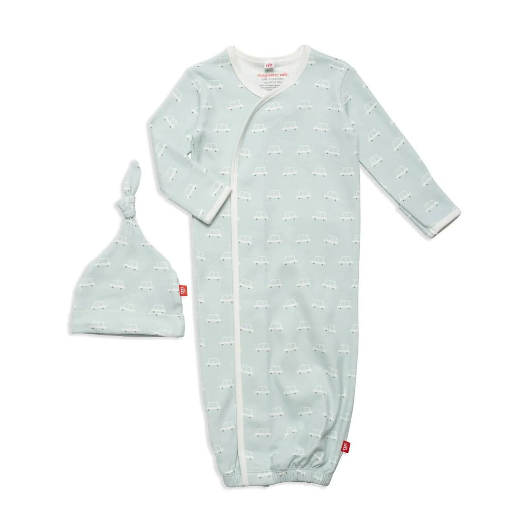 Beep Beep Time For Sleep Organic Cotton Magnetic Cozy Sleeper Gown + Hat Set