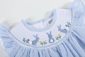 Light Blue Seersucker Easter Bunny Smocked Bubble