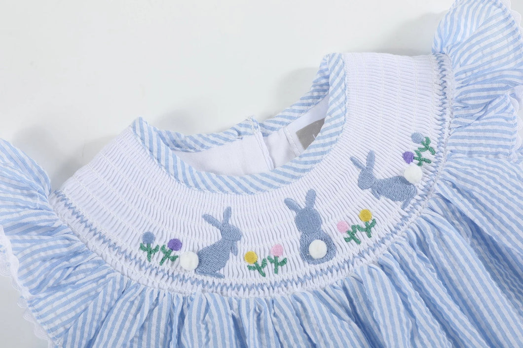 Light Blue Seersucker Easter Bunny Smocked Bubble