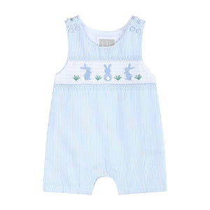 Light Blue Seersucker Easter Bunny Smocked Overalls